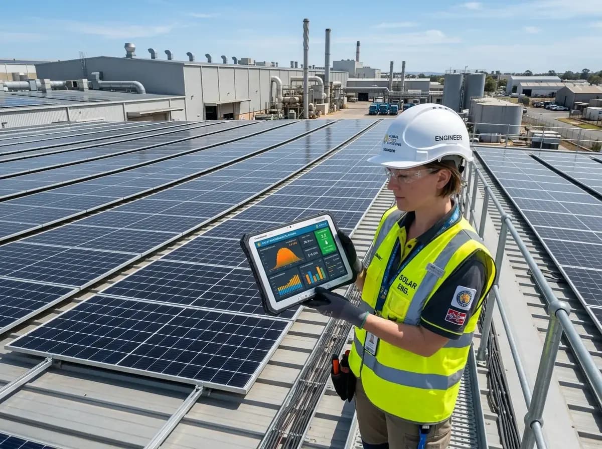 Industrial solar engineer monitoring real-time power generation and LCOE cost savings on tablet