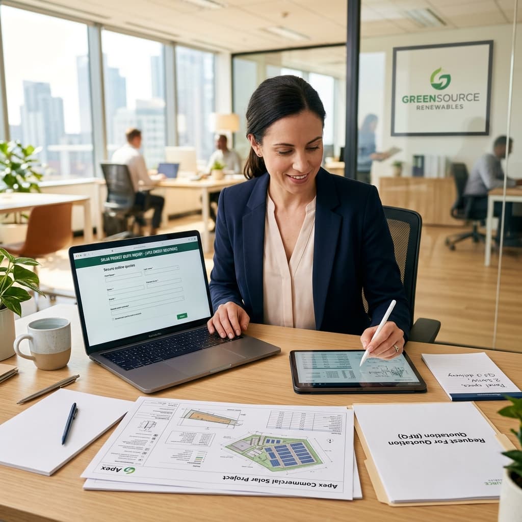 Client requesting solar quotation and RFQ consulting on tablet and laptop