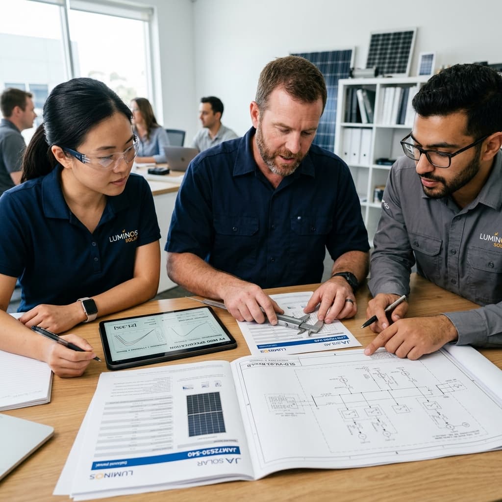 Solar engineers verifying technical blueprints, sizing, and module datasheets
