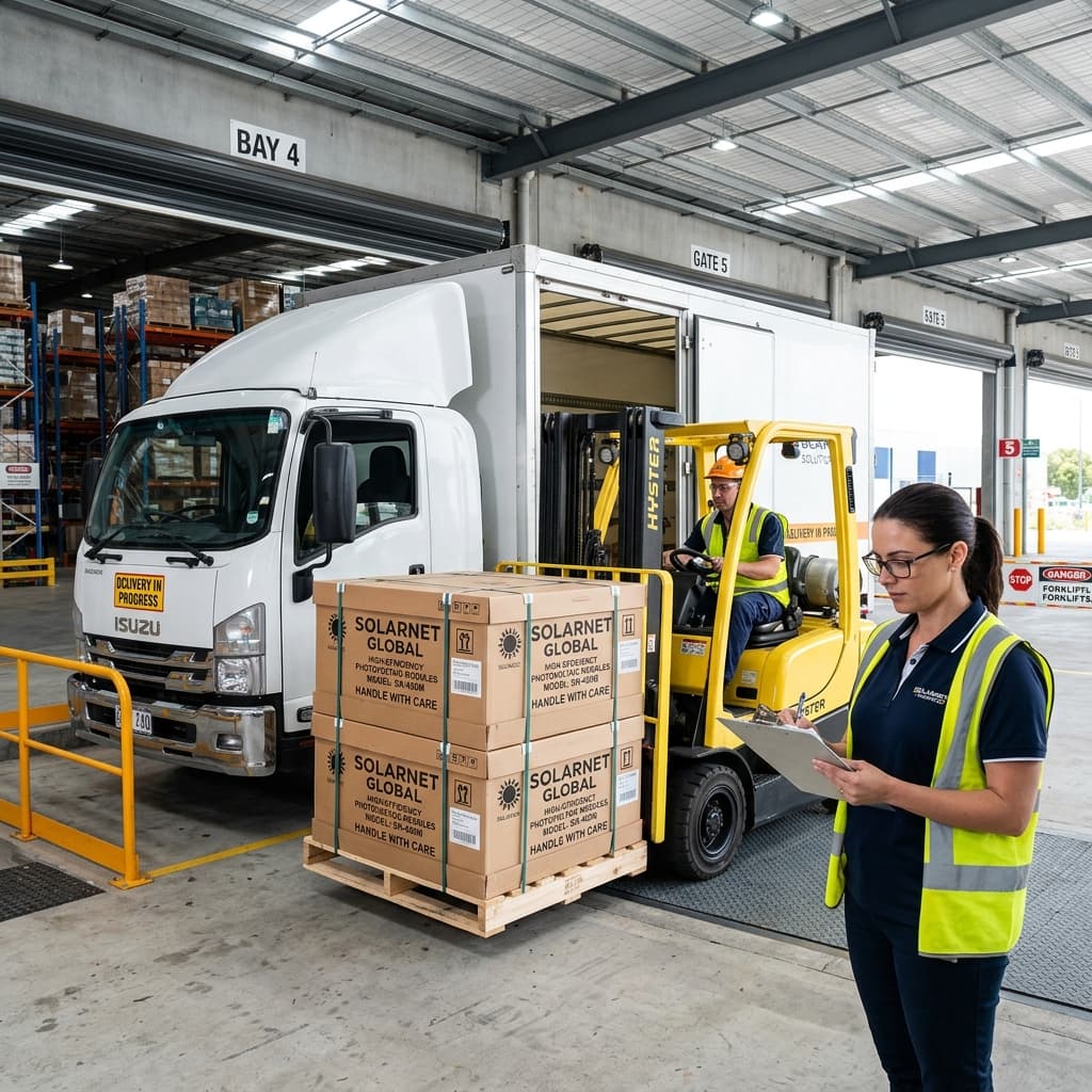 Commercial logistics warehouse freight truck and forklift loading pallets of solar panels