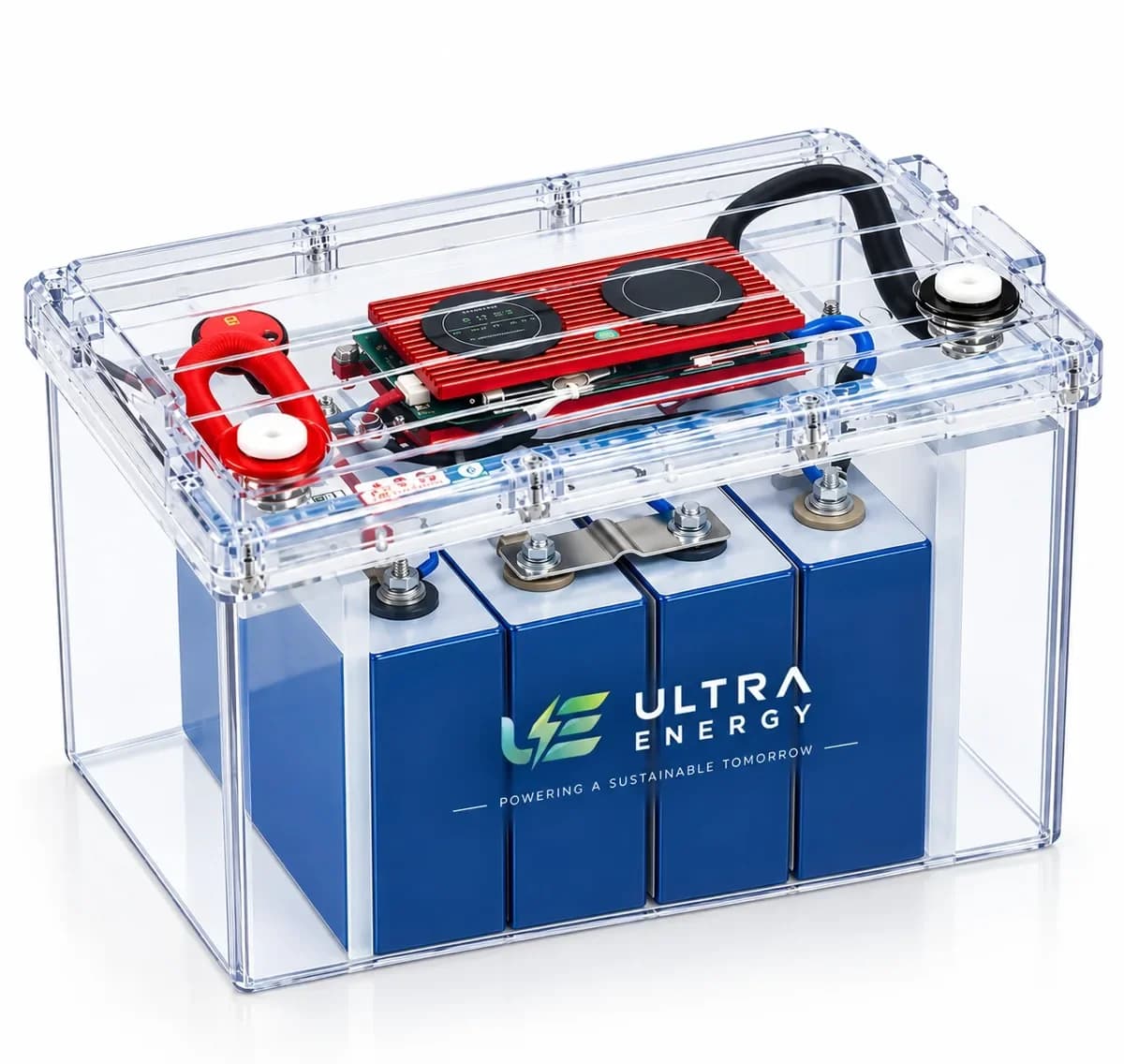 Ultra Energy lithium battery pack in transparent case showing four prismatic cells and BMS