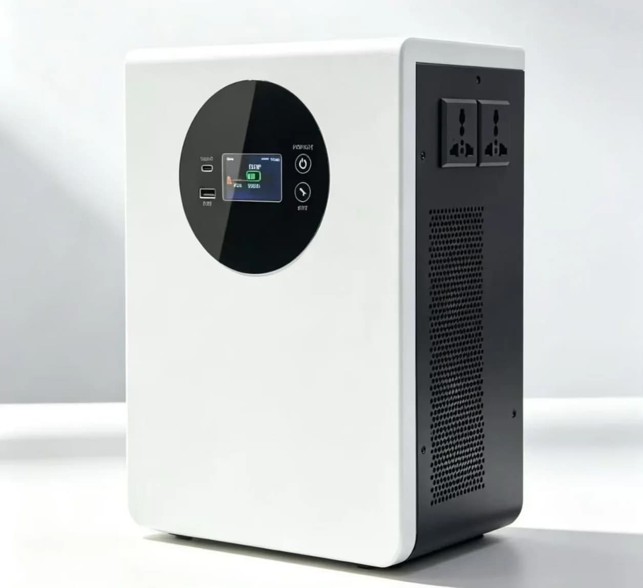 Tower design portable power station with round LCD control panel and dual AC outlets