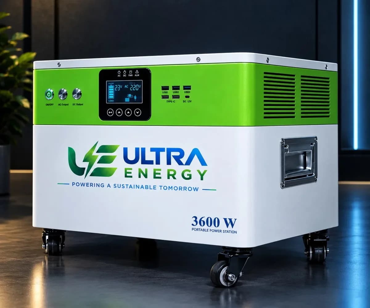 Ultra Energy Portable Power Station 3600W front view with LCD display and caster wheels